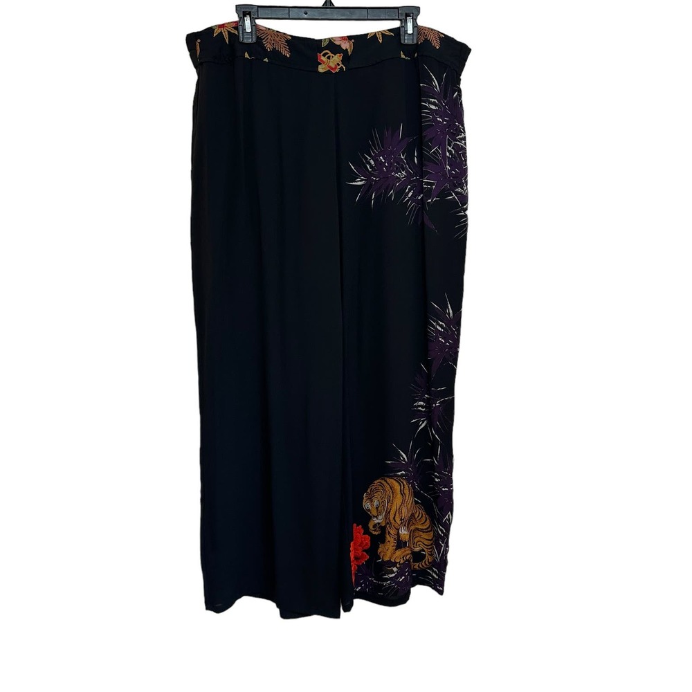 Harari Black Silk Tiger Asian Theme Wide Leg Pants sz XL